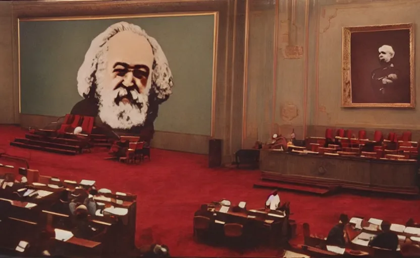 Prompt: 60s movie still of a stalinist style parlement with a giant painting of Karl Marx, by Irving Penn , cinestill 800t 35mm eastmancolor, heavy grainy picture, very detailed, high quality, 4k, HD criterion, precise texture
