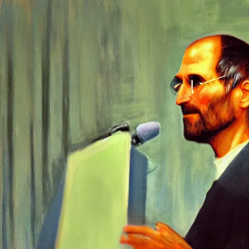 Image similar to impressionist painting of president steve jobs giving a speech