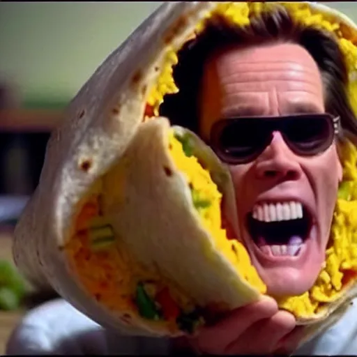 Image similar to jim carrey's head inside of a burrito, inside burrito, inside burrito
