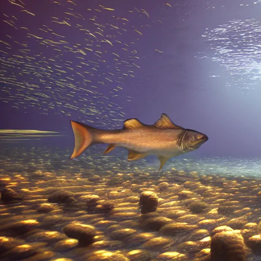 Image similar to underwater, Westminster palace, deep underwater, fish shoal, concept art in style of Greg Rutkowki, dynamic moody lighting, 4k, very highly detailed, hyper realistic