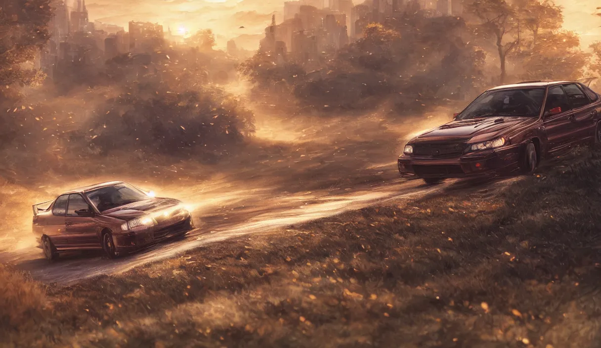 Image similar to detailed intricate digital landscape illustration by greg rutkowski and artgerm and wlop and sanford robinson gifford ; 1 9 9 4 subaru wrx sti driving in a beautiful windy city with long exposure light streaks ; 1 3 mm film, arri alfa anamorphic lens ; sharp focus, golden hour lighting, trending on artstation 4 k