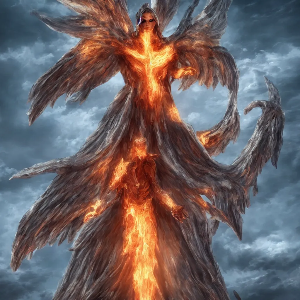 Image similar to a giant angel with many wings and eyes, fiery clouds, thunder, unreal engine, very detailed