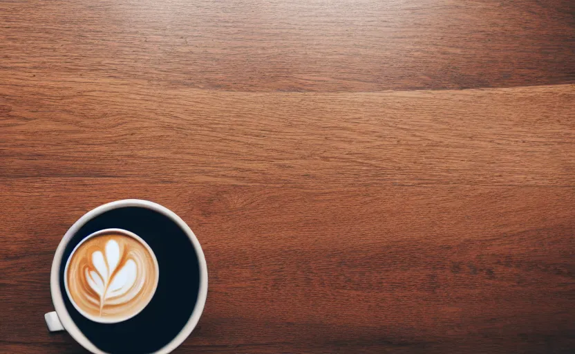 Prompt: top view of a wooden table with a cup of coffee, natural light, cinematic lighting, 8 k