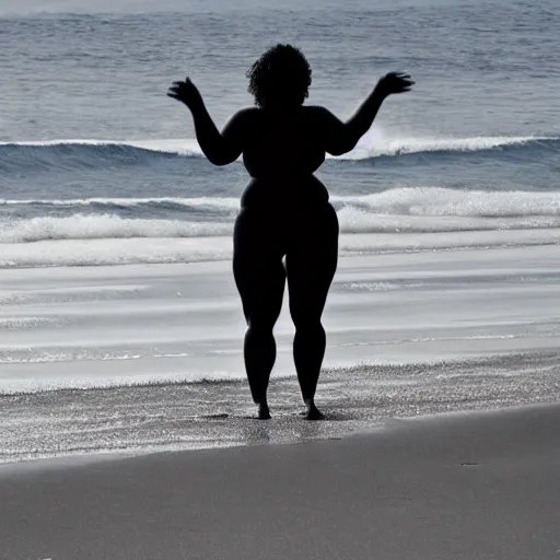 Prompt: Big woman on the beach, realistic photo, high detailed