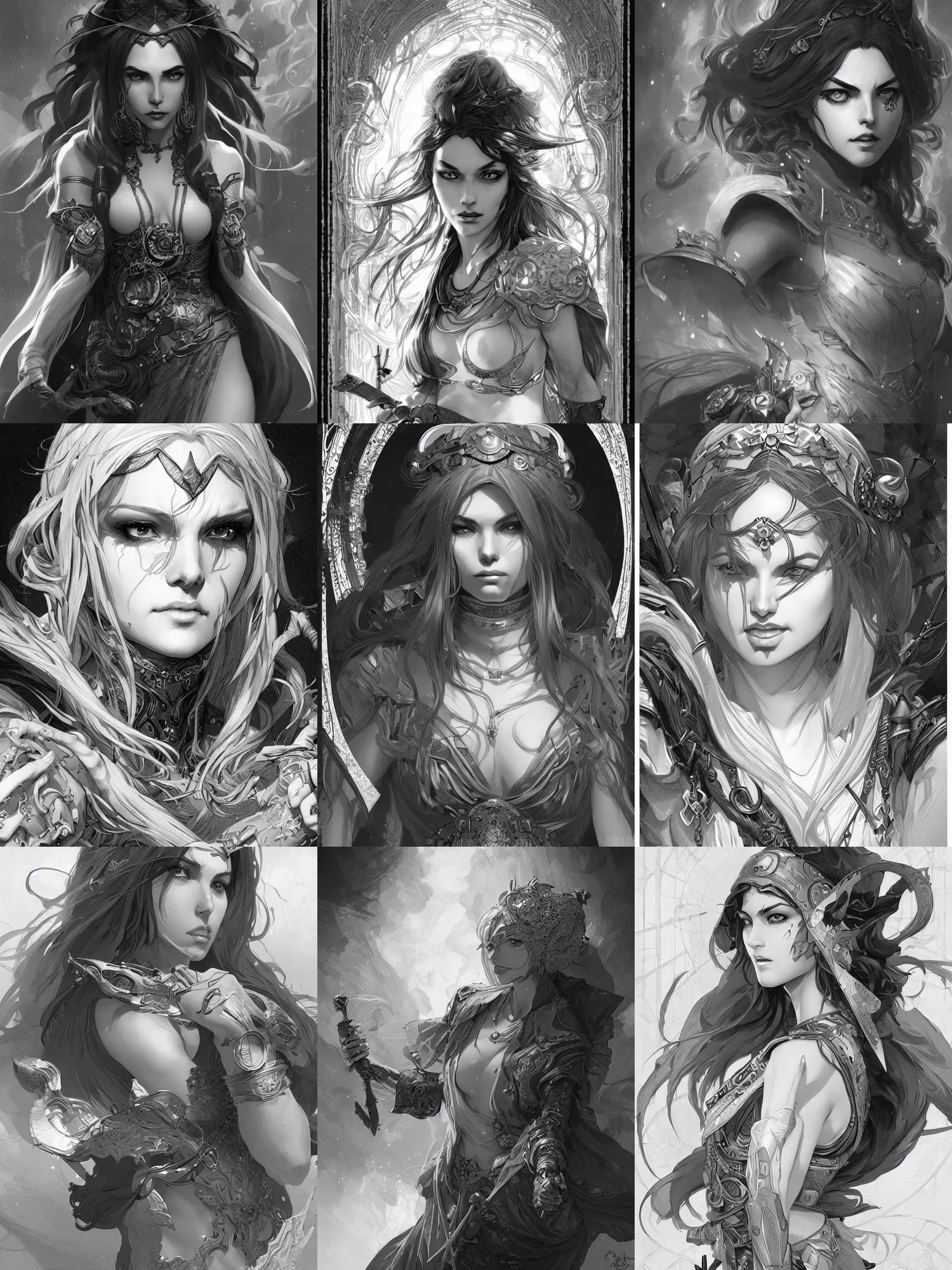 Prompt: retrofuturistic sorceress, dnd, highly detailed, detailed face, grayscale, manga illustration, by artgerm, greg rutkowski, alphonse mucha