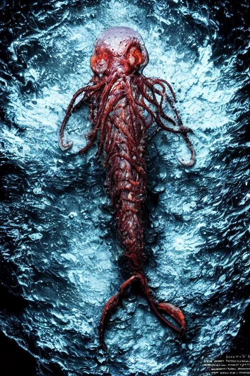 Image similar to national geographic photos of deep sea humanoid creatures deep down under the ocean.