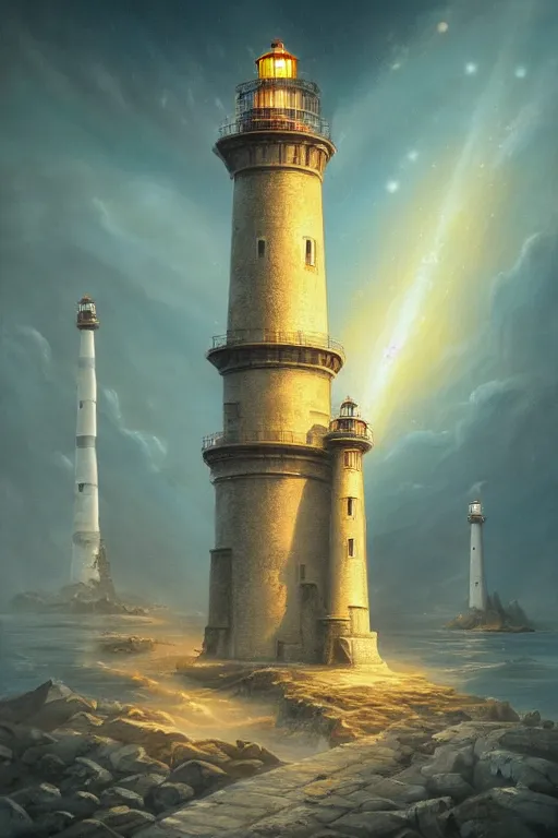 Prompt: Detailed Exterior Shot of The shimmering Lighthouse of Alexandria, light of god, light shafts, flock of birds, stunning atmosphere, in Style of Peter Mohrbacher, cinematic lighting