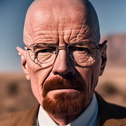 Image similar to A photo of Walter White, cinematic lighting, New Mexico desert, XF IQ4, f/1.4, ISO 200, 1/160s, 8K, RAW, unedited, symmetrical balance, in-frame, Facial Retouch