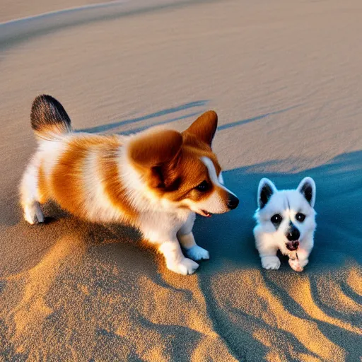 Image similar to 8k highly detailed photograph of the two most adorable Corgi Puppies playing on a sandy beach in California, golden hour,