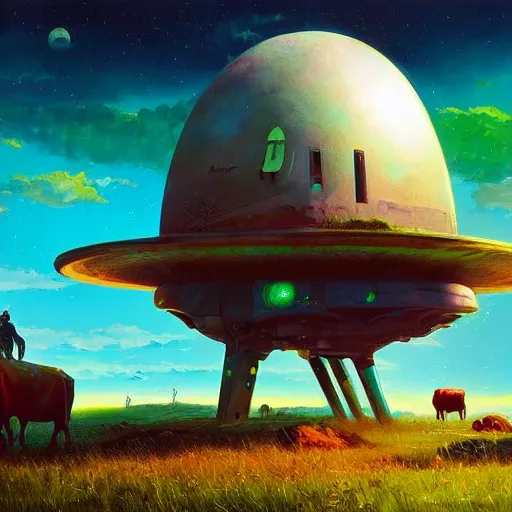 Image similar to ufo over the cow, Bright colors, fantastic landscape, hyperrealism, no blur, 4k resolution, ultra detailed, style of Anton Fadeev, Ivan Shishkin, John Berkey