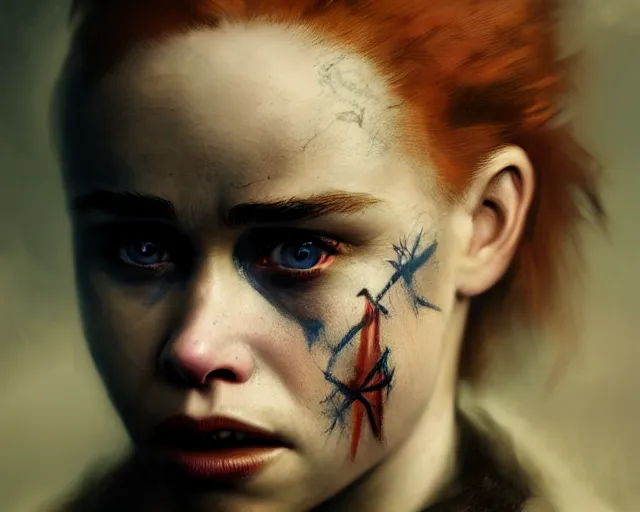 Image similar to 5 5 mm portrait photo of young redhead short hair emilia clarke with war face paint, dark atmosphere. art by greg rutkowski. highly detailed 8 k. intricate. lifelike. soft light. nikon d 8 5 0.