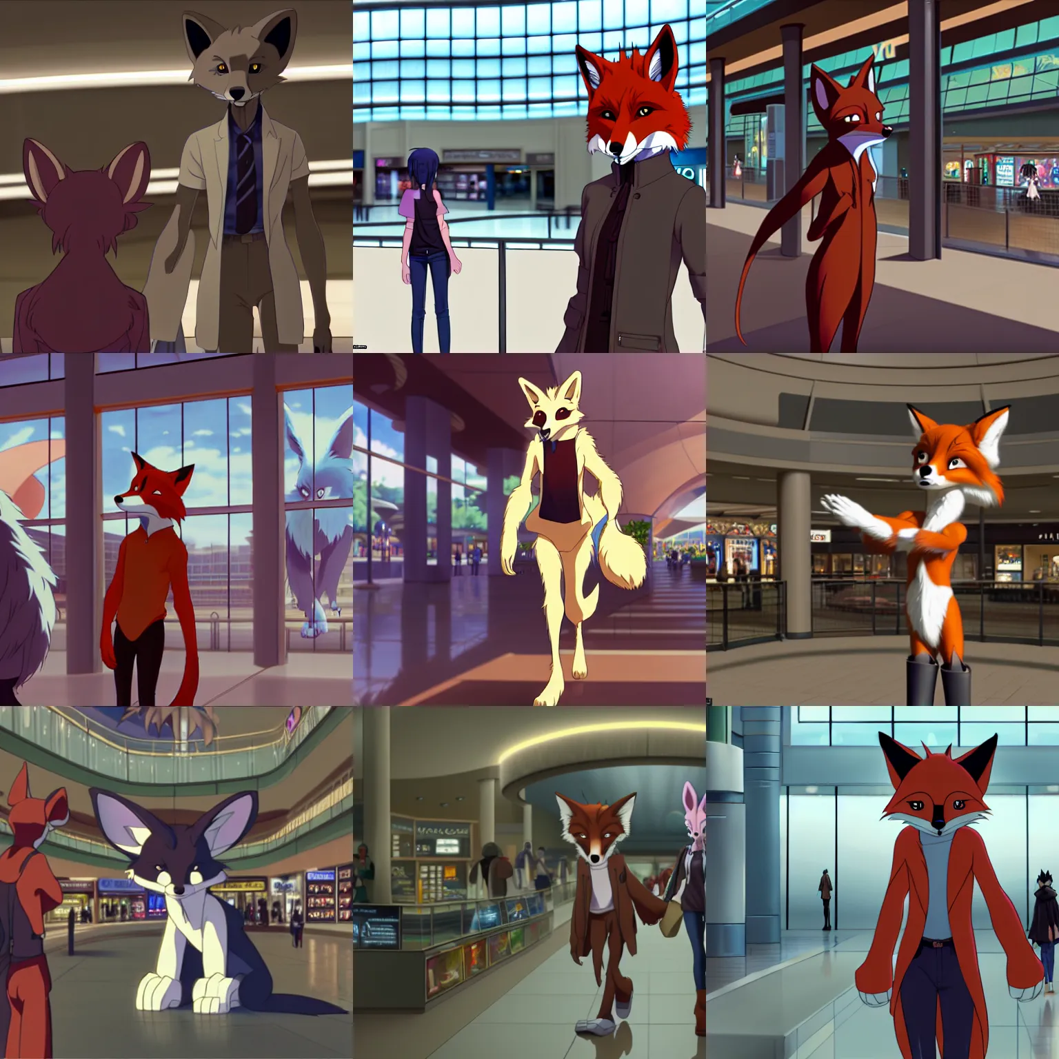 Prompt: an anthropomorphic furry ( fox ) shopping at a futuristic mall, photorealistic, anime, makoto shinkai, james gurney, don bluth, disney, hibbary, dark natasha, goldenwolf, furaffinity