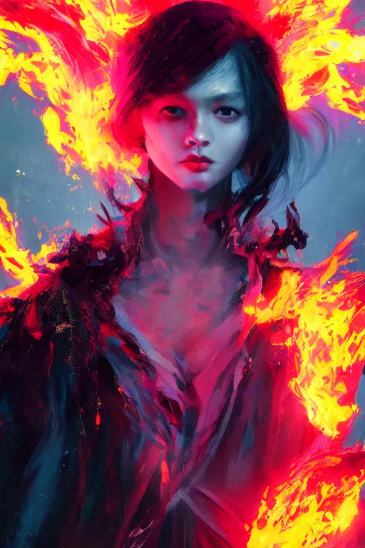 Prompt: a fancy portrait of a young Demon girl covered in deep and colourful flames by Greg Rutkowski, Sung Choi, Mitchell Mohrhauser, Maciej Kuciara, Johnson Ting, Maxim Verehin, Peter Konig, Bloodborne , 8k photorealistic, cinematic lighting, HD, high details, atmospheric , trending on artstation