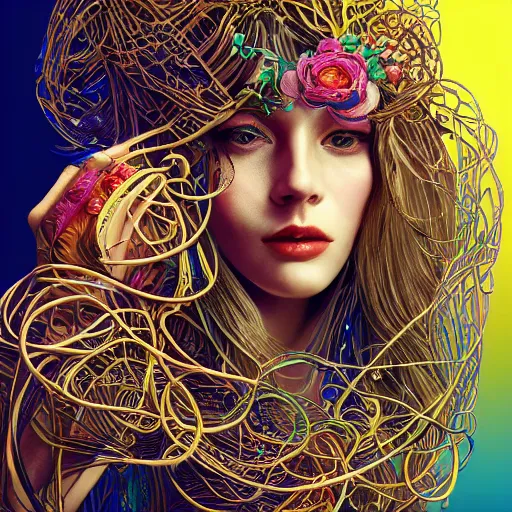 Image similar to the portrait of a ridiculously beautiful and elegant russian woman partially made of onion rings of all colors, an ultrafine detailed illustration by james jean, final fantasy, intricate linework, bright colors, behance contest winner, vanitas, angular, altermodern, unreal engine 5 highly rendered, global illumination, radiant light, detailed and intricate environment