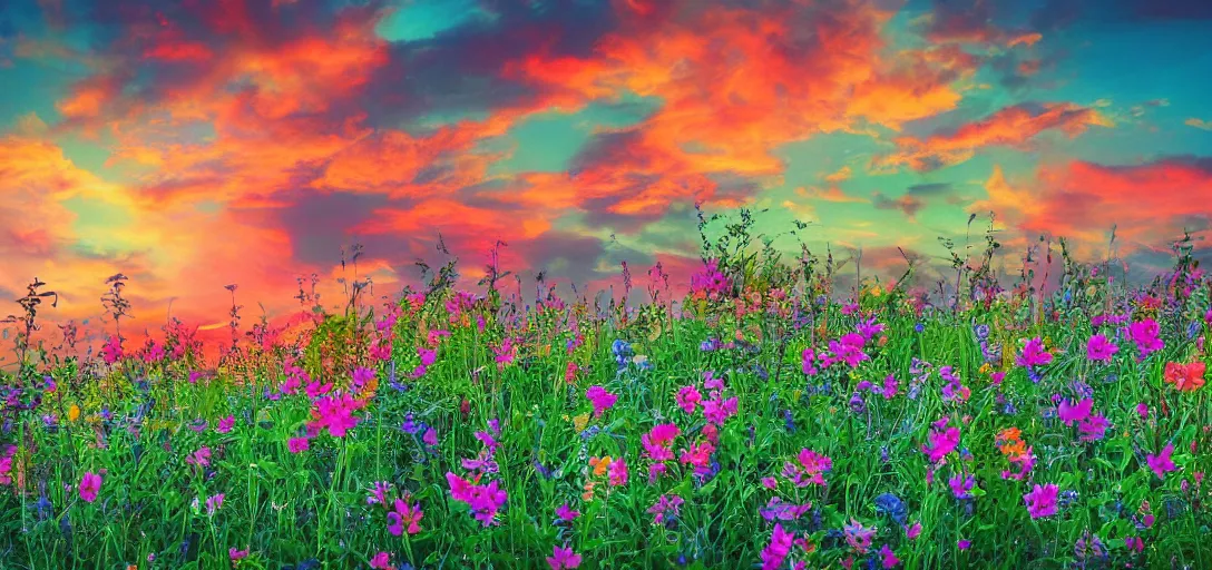 Image similar to an impossible field of beautiful neon colored flowers with a beautiful sunset, vaporwave