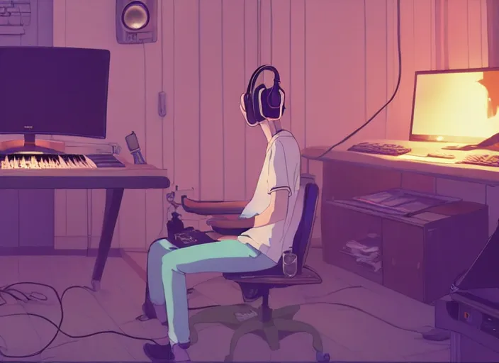 Image similar to man with headphones at his home studio producing music late at night, very detailed, 4 k, cory loftis, james gilleard, atey ghailan, makoto shinkai, goro fujita, studio ghibli, rim light, exquisite lighting, clear focus, very coherent