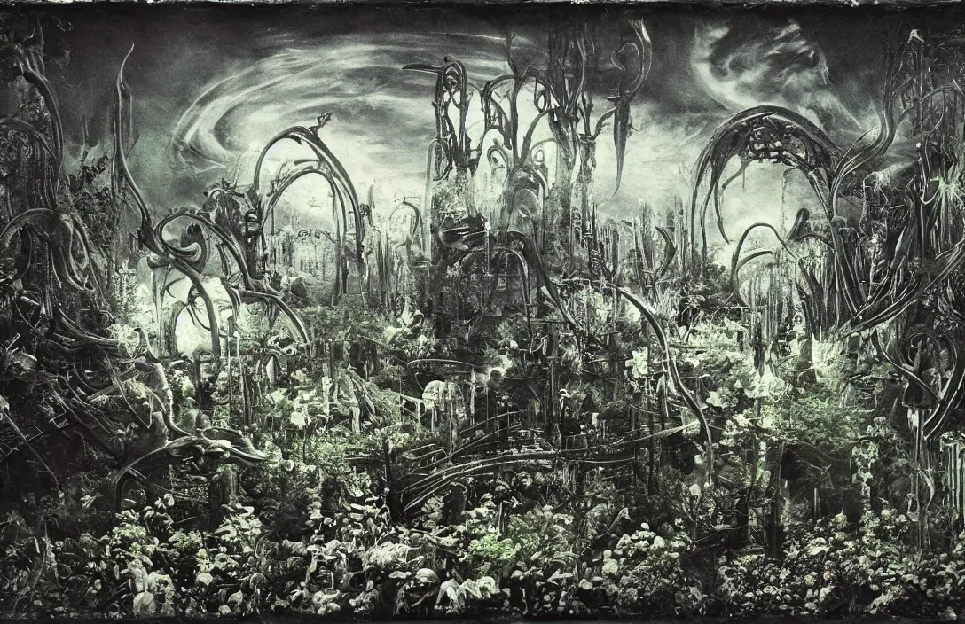 Image similar to garden idyll deception ship ever further out to sea matte painting emotional bond between the two intact flawless ambrotype from 4 k criterion collection remastered cinematography gory horror film, ominous lighting, evil theme wow photo realistic postprocessing sleepy sunny sunday afternoons painting by hr giger