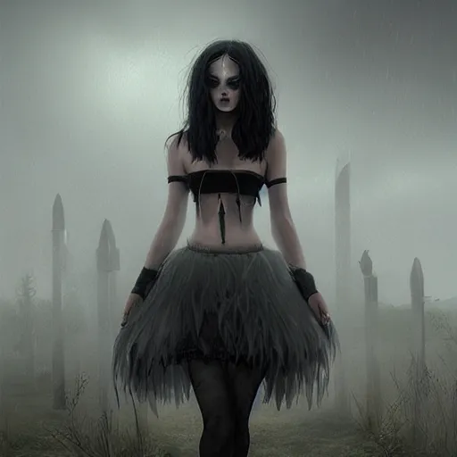Prompt: teen girl kerli koiv mini skirt crop top standing in cemetery, gothic, darkwave, darksynth, concept art, sharp, digital matte painting, art by greg rutkowski, wlop, dramatic lighting, trending on artstation