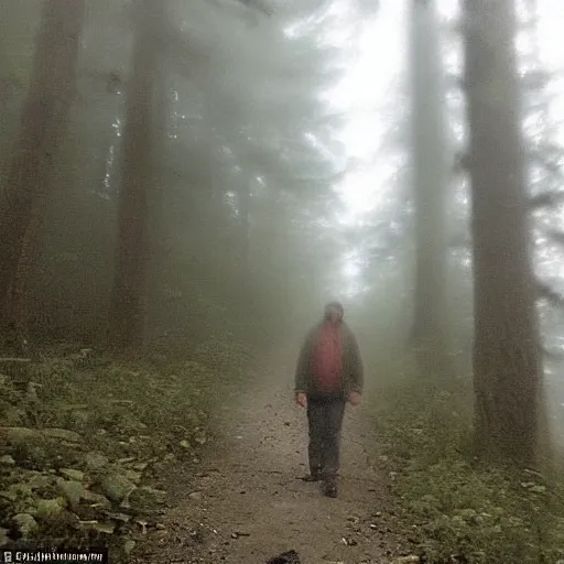 Image similar to low quality iphone photo of weezer standing ominously deep in the foggy woods low visibility creepy, grainy, trail cam footage