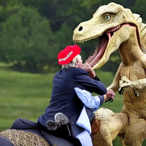 Image similar to donald trump riding a dinosaur and shooting a gun