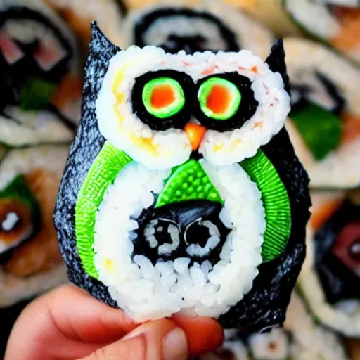 Prompt: an owl made of sushi,photorealistic