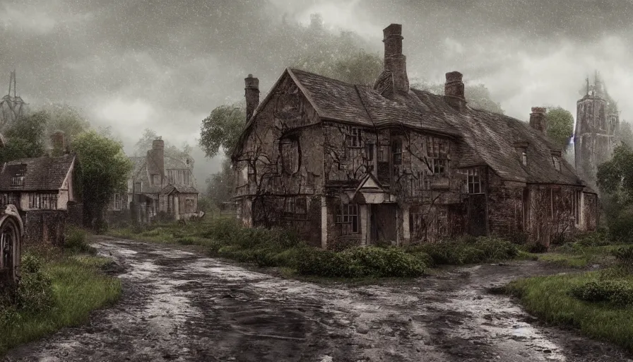 Prompt: Abandoned English village at rainy day, muddy road, old cemetery, sad feeling, grey sky, rusted damaged houses, hyperdetailed, artstation, cgsociety, 8k
