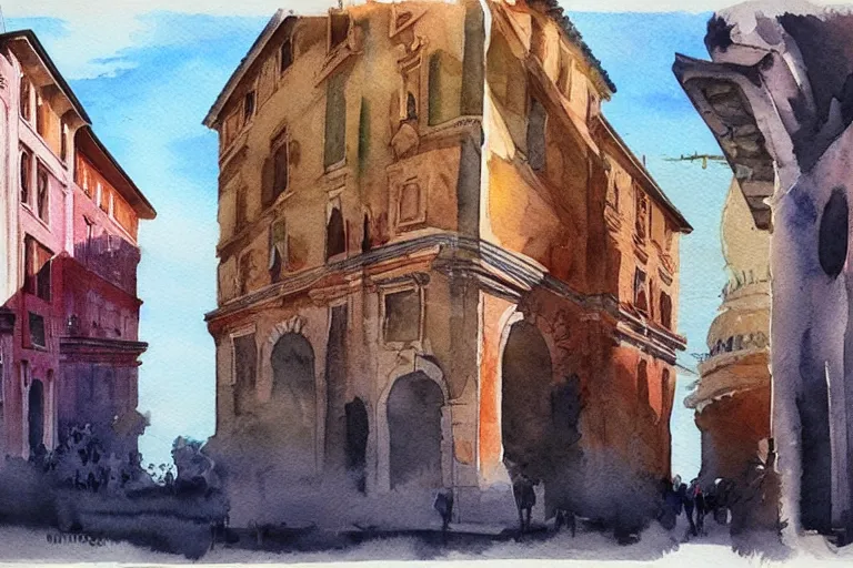 Prompt: !! watercolor!! rome in a sunny day, artwork by tooth wu, colorful high contrast,!! very coherent!!, dark shadow, thick lineart