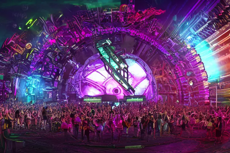 Prompt: an outdoor festival stage with audience, neon letters tripmachine, center of the stage is a big futuristic steampunk machine with gears and belts and tubes, surrounded by big loudspeakers, rock musicians on the stage, laser show, 8 k, fluorescent colors, halluzinogenic, multicolored, exaggerated detailed, unreal engine