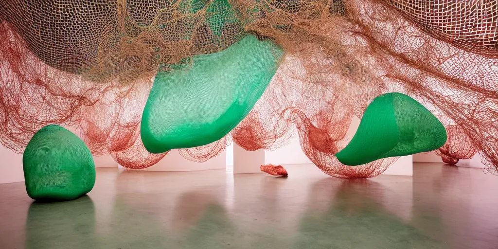 Image similar to biomorphic structures out of stocking - like material and nets that fills with various objects like spices, sand and rocks by ernesto neto, light - mint with dusty pink color