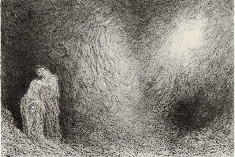 Image similar to fear in the hears of man by gustave dore by claude monet