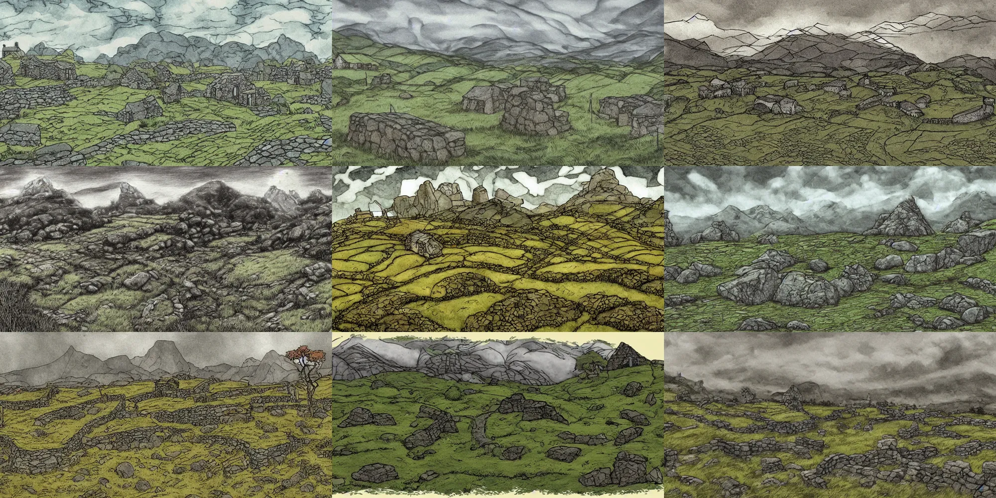Prompt: landscape of ancient scotland during the age of the celtic picts with a small celtic pict village fenced neolithic village during late antiquity. scottish rocky mountains and mossy hills, cloudy, foggy, hazy sun and mystical, graphic novel establishing panel by fiona!! staples!!, line and ink