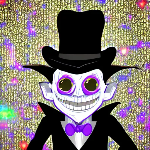 Prompt: undead night elf at prom wearing a tophat, exquisite detail, lasers, disco ball,