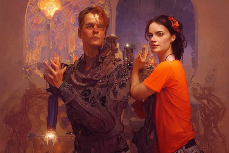 Image similar to portrait of tinfoil hat man in orange t - shirt behind his wife, feelings, romantic, fantasy, intricate, elegant, highly detailed, digital painting, artstation, concept art, smooth, sharp focus, illustration, art by artgerm and greg rutkowski and alphonse mucha