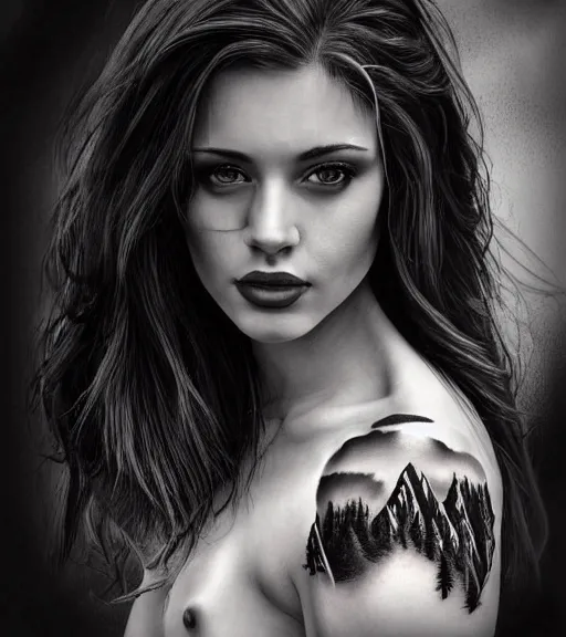 Image similar to tattoo design of beautiful woman portrait against a background of beautiful mountains and nature, in the style of den yakovlev, black and white, hyper realistic, highly detailed