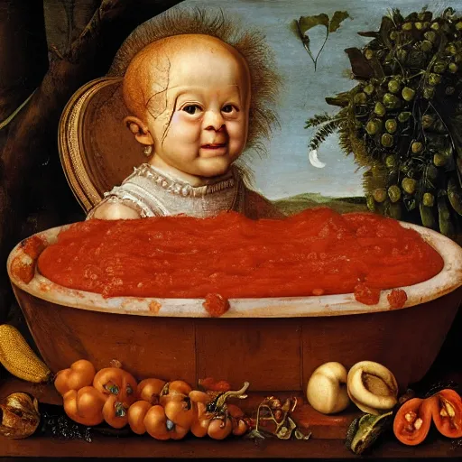 Image similar to a boy sitting in a tub full of tomato sauce, the moon is made by bananas, by giuseppe arcimboldo, renaissance, portrait, fruit, detailed oil paint, high definition