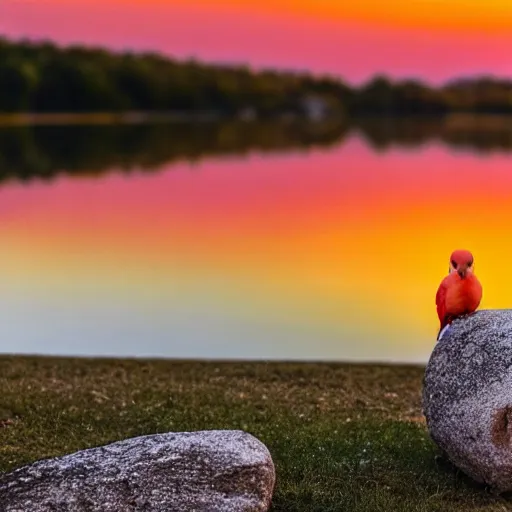 Prompt: lovebird watching fireworks show at a lake, reflective, sunset, landscape photography, nature, stones