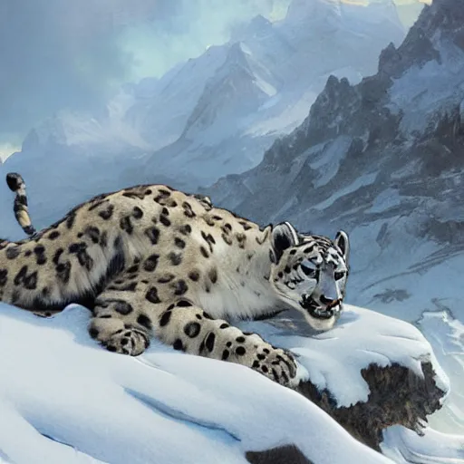 Prompt: Concept art, A shiny snow leopard sitting by snow mountains, 8k, alphonse mucha, james gurney, greg rutkowski, john howe, artstation