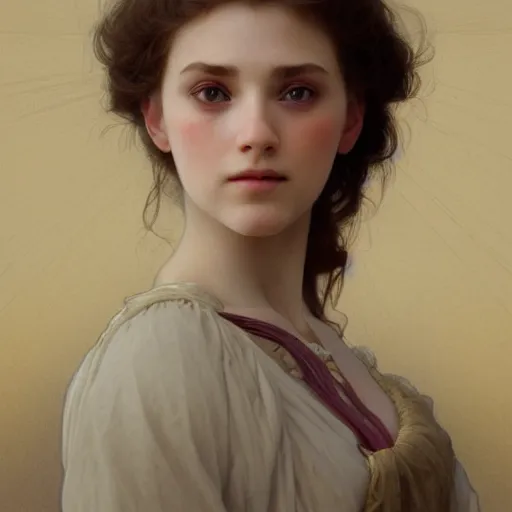 Image similar to Portrait of beautiful pale peasant girl, cinematic lighting, intricate, elegant, highly detailed, digital painting, artstation, smooth, sharp focus, illustration, art by artgerm and greg rutkowski and alphonse mucha and Wayne Barlowe and william-adolphe bouguereau