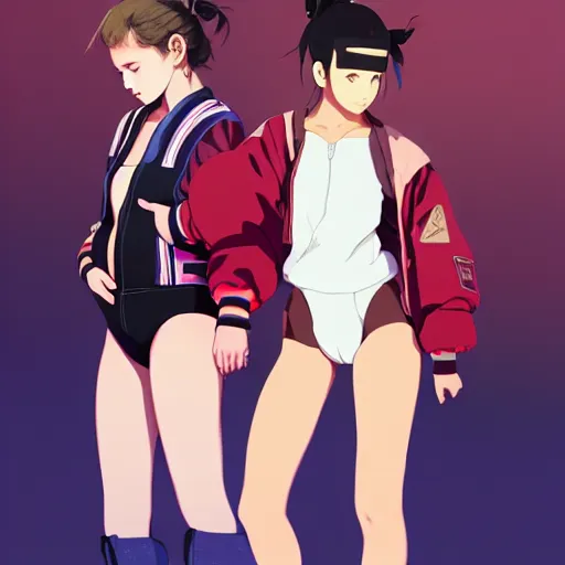 Image similar to a beautiful boyish natalie portman gravure model, wearing oversized mayan bomber jacket and leotard with overalls, bulky poofy bomber jacket with mesoamerican patterns, mesoamerican street fashion, gapmoe yandere grimdark, trending on pixiv fanbox, painted by greg rutkowski makoto shinkai takashi takeuchi studio ghibli, akihiko yoshida