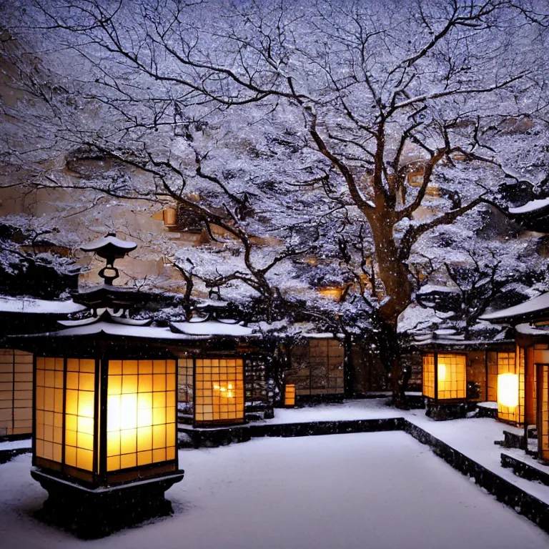 Image similar to a snowy japanese courtyard at night illuminated by globe lamps