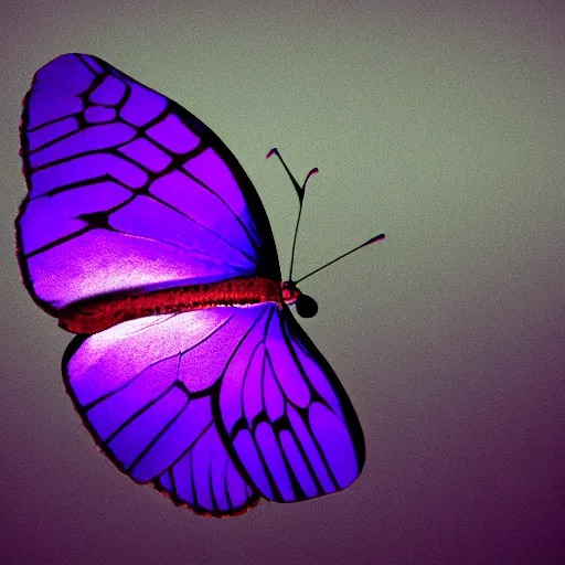 Prompt: a glowing purple butterfly, flying in the night, dark background, cinematic shot, photorealistic