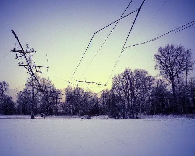 Prompt: a field covered in snow with power lines above it, a photo by kazys varnelis, featured on flickr, ecological art, photo taken with provia, matte photo, photo, at dawn