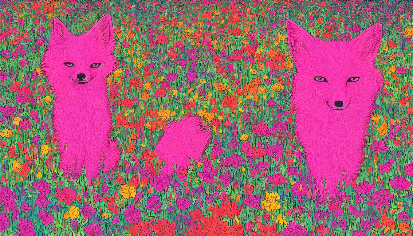 Image similar to pink fox head popping out of a field of multi colored flowers by kilian eng, victo ngai, josan gonzalez