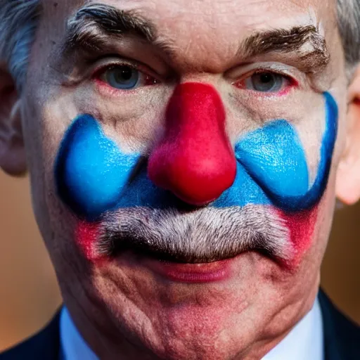 Image similar to Jerome Powell with colorful clown makeup all over his face