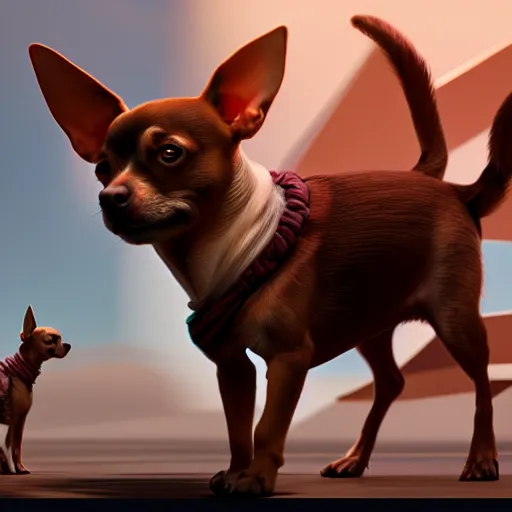 Prompt: a human chihuahua living in an extradimensional reality where it is a god, in the style of wlop, illustration, epic, fantasy, hyper detailed, smooth, unreal engine, sharp focus, ray tracing, physically based rendering, renderman, beautiful