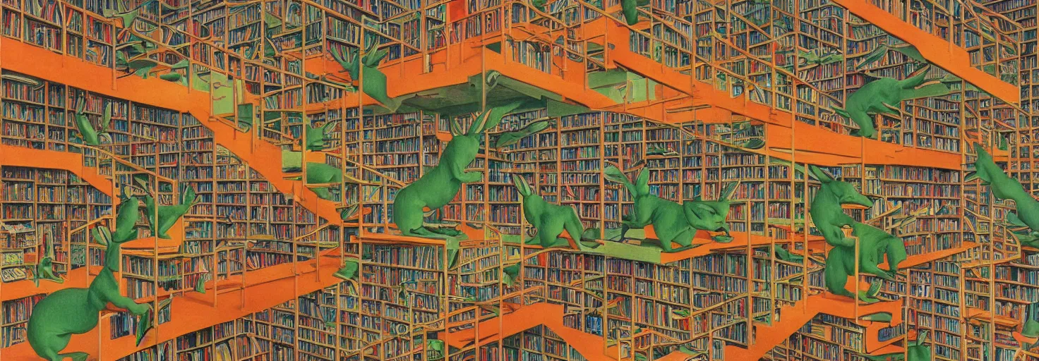 Prompt: a book store, customers are rabbit, by m. c. escher, yellow, green, red, snowy, ultra sharp, ultra detailed, happy, uplifting, colorized by salvador dali