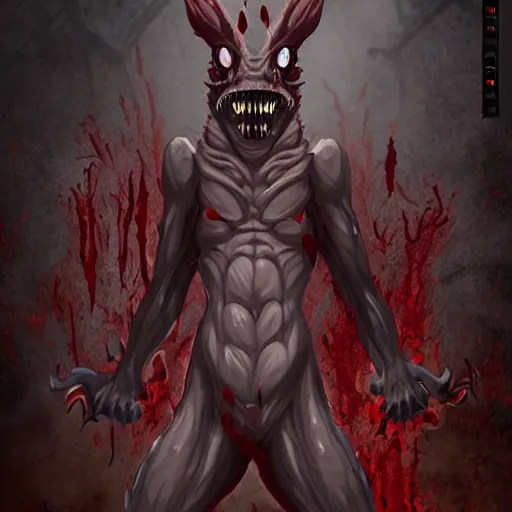 Image similar to big butcher anthropomorphic male lizardfolk posing scarily, scary angry pose, bloody, covered in blood, fresh kill, cleaver, in a cave, earie setting, lovecraft eldritch horror, hyperdetailed, furaffinity, anthro art