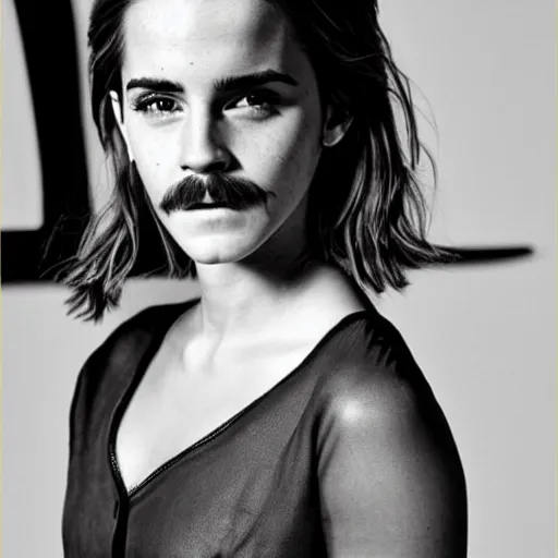 Prompt: Emma Watson with an epic moustache, award-winning photo