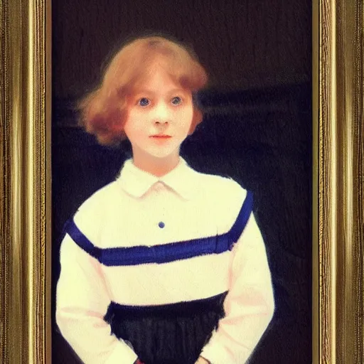 Prompt: Kinetic sculpture. A young girl stands in the center of the frame, looking off to the side. She wears a school uniform with a short skirt and a striped shirt. The background is a vivid, with wavy lines running through it. pale indigo by Frits Thaulow cosy