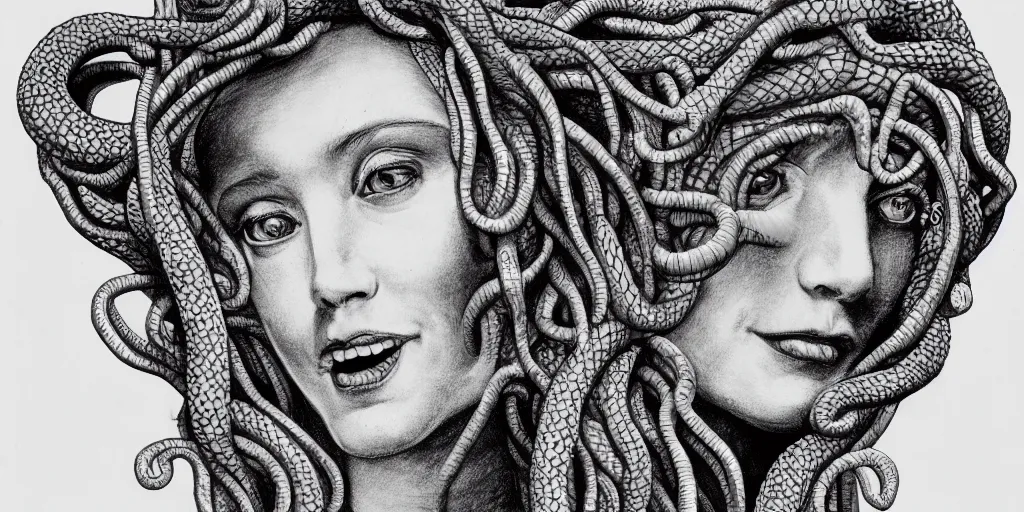 Image similar to realistic portrait of a beautiful symmetrical smiling medusa with her snake hair, 1450, ink, ultra realistic, 8k